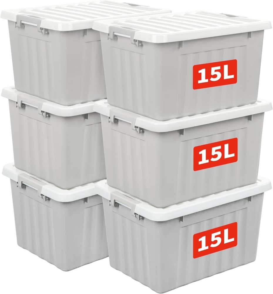 Cetomo,15L,6er-Pack, Aufbewahrungsbox mit deckel,Aufbewahrungsboxen, mit Clips, stapelbar, Wohnzimmer, Schlafzimmer. lebensmittelecht ,Verschlussclips,Neumaterial Plastik-Box grau Bild 1