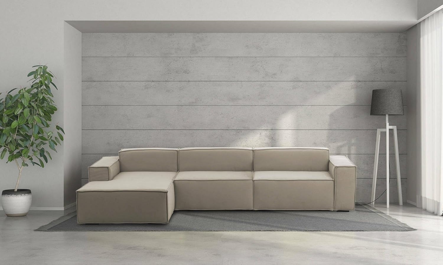 Talamo Italia - Sofa mit Halbinsel Licia, modulares Sofa mit linker Chaiselongue, modernes Stoffsofa, 100 % Made in Italy, 340 x 170 x 70 cm, Taupe Bild 1