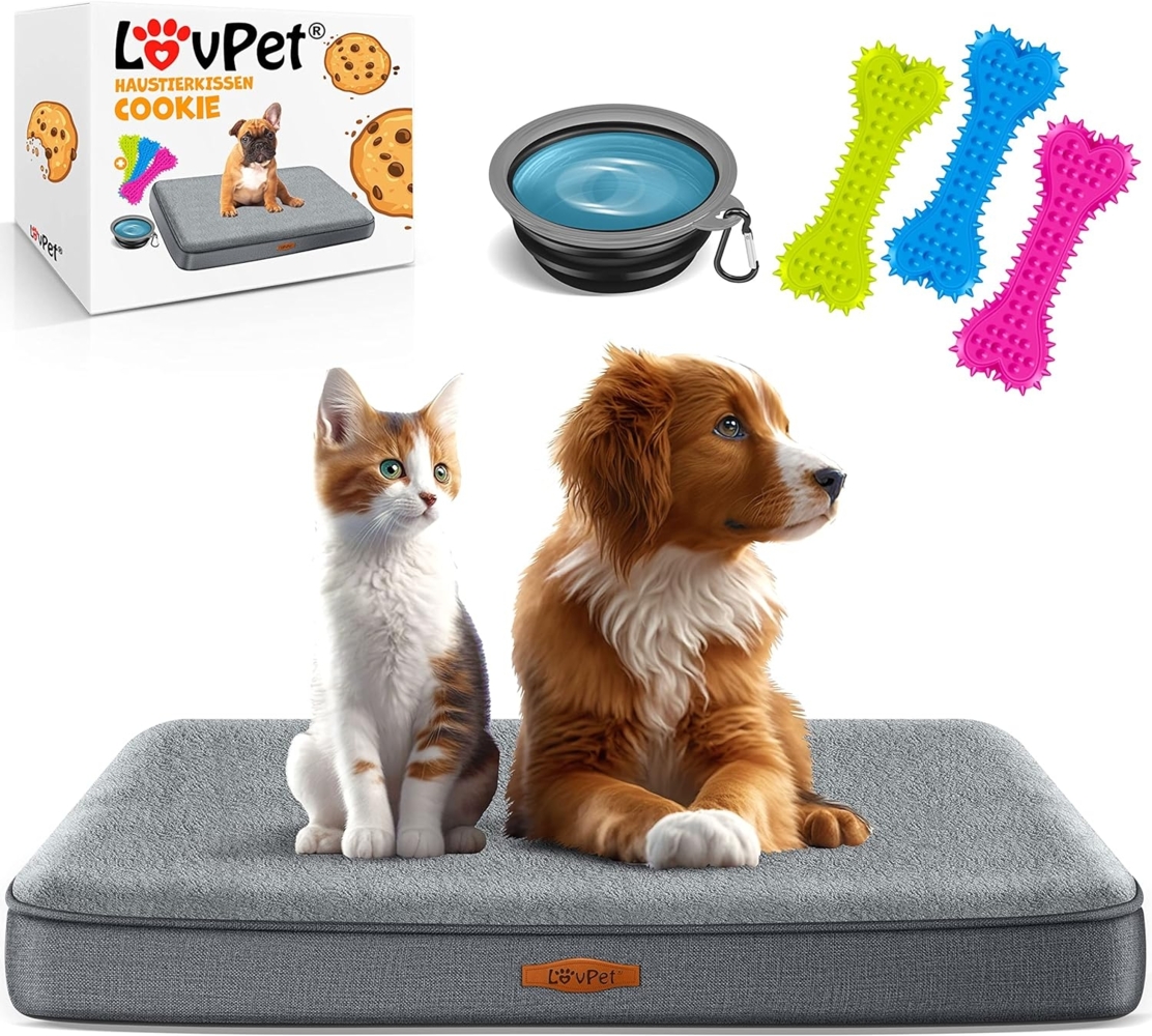 LovPet® Hundebett orthopädisches Hundekissen Hundekorb Cookie, Inkl. Napf + 3X Kauknochen, Hundesofa für Kleine, Mittelgroße & Große Hunde, Bezug abnehmbar und waschbar Anthrazit / Grau, L (91 x 69 x 7.6 cm) Bild 1