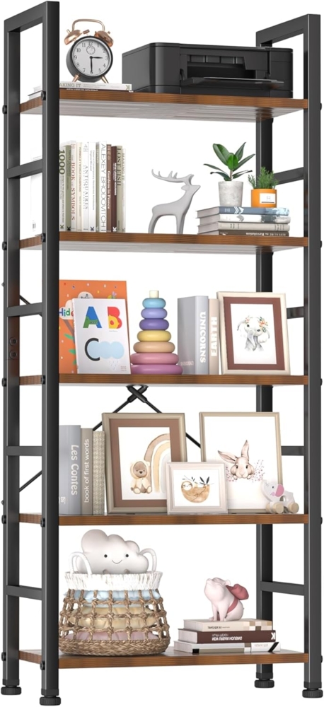 Sweetcrispy Bücherregal 5 Ebenen,Standregal mit Stahlrahmen,Lagerregal im Industriestil,Ablagen im Wohnzimmer Küche,Regal für Büro,Schlafzimmer,Arbeitszimmer,Modernes Braun,60 x 31 x 160 cm Bild 1