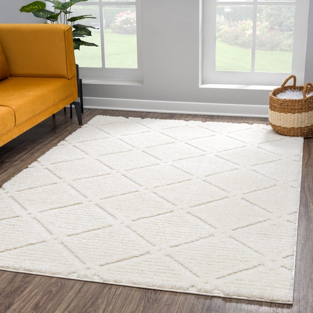 Teppich Wohnzimmer - Hochflor - Boho - Cream - 140x200cm - Einfarbig - Modern Raute Meliert Muster - Skandinavisch Flauschig Weich - Wohnteppich Schlafzimmer Dekoration Bild 1