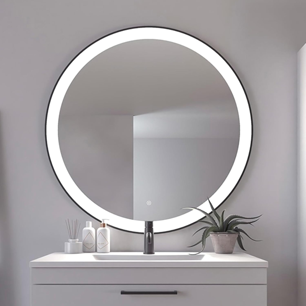 Loevschall Libra Modernes Badspiegel mit Beleuchtung, Spiegel Rund 100 cm, Smart Mirror mit Touch-Schalter, Schwarzer Rahmen, Badezimmer Spiegel mit 5 cm LED Lichtfield, Helligkeit Dimmbar, CRI > 90 Bild 1