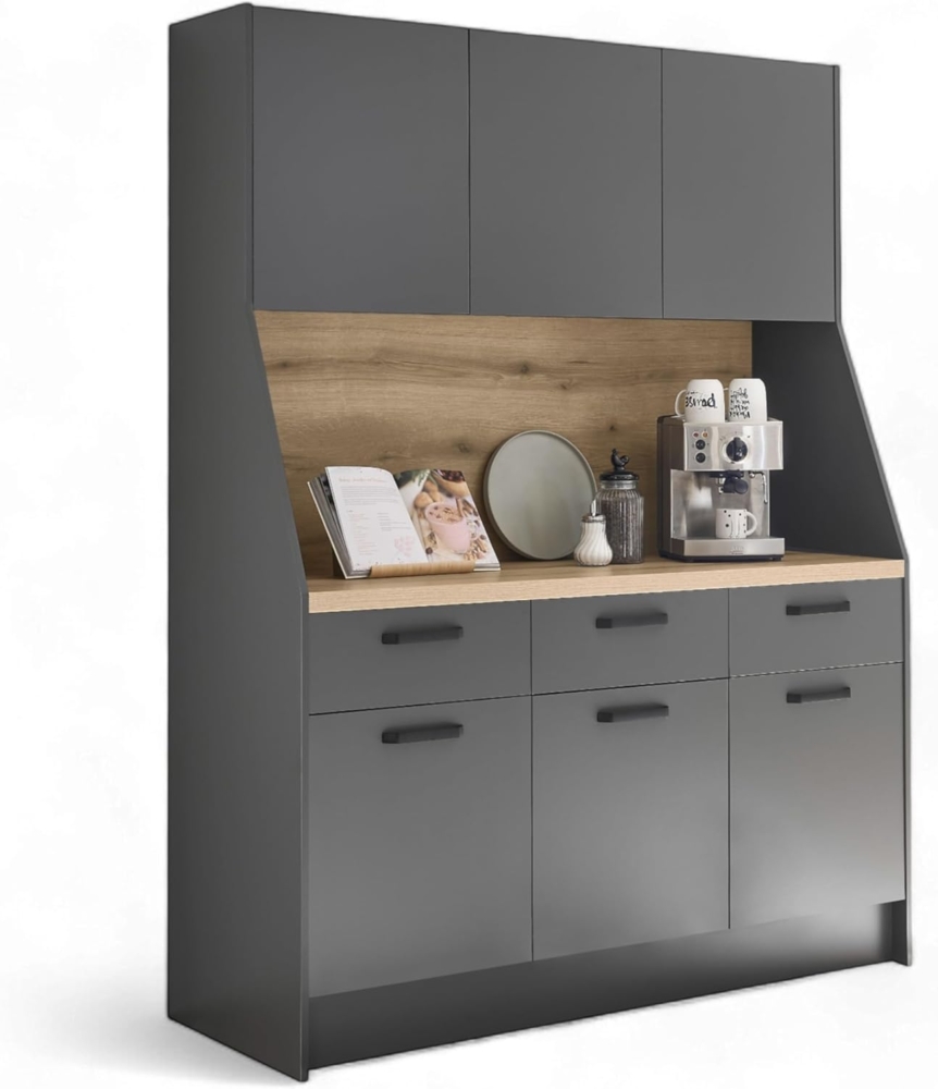 Stella Trading Mykonos Buffetschrank in Graphit, Evoke Eiche Optik FSC-Zertifiziert - Geräumiger Küchenschrank mit Arbeitsplatte - 153 x 205 x 58 cm (B/H/T) Bild 1