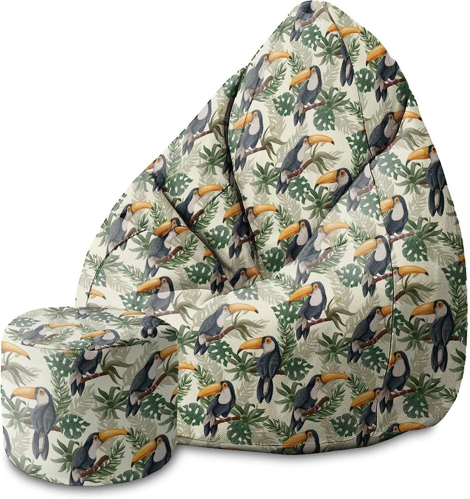 DreamRoots Bean Bag 80x80x120cm - Sitzsack mit Lehne und Hocker und Bezug - mit Füllung, Toucans Jungle Bild 1