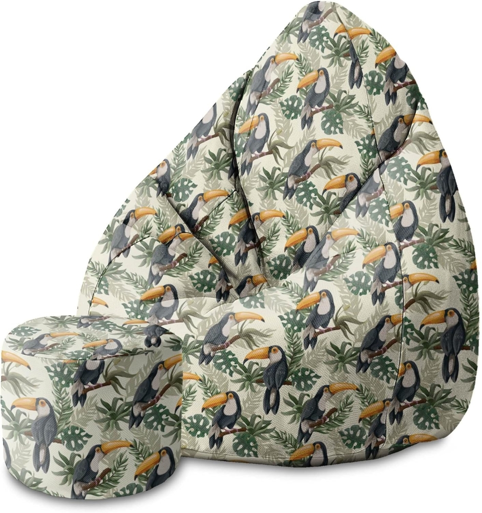 DreamRoots Bean Bag 80 x 80 x 120 cm - Sitzsack mit Lehne und Hocker und Bezug - mit Füllung, Toucans Jungle Bild 1