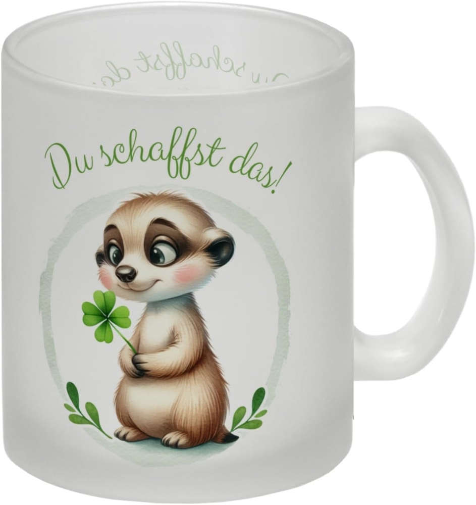 speecheese Tasse Erdmännchen mit Kleeblatt Glas Tasse mit Spruch Du schaffst das Bild 1