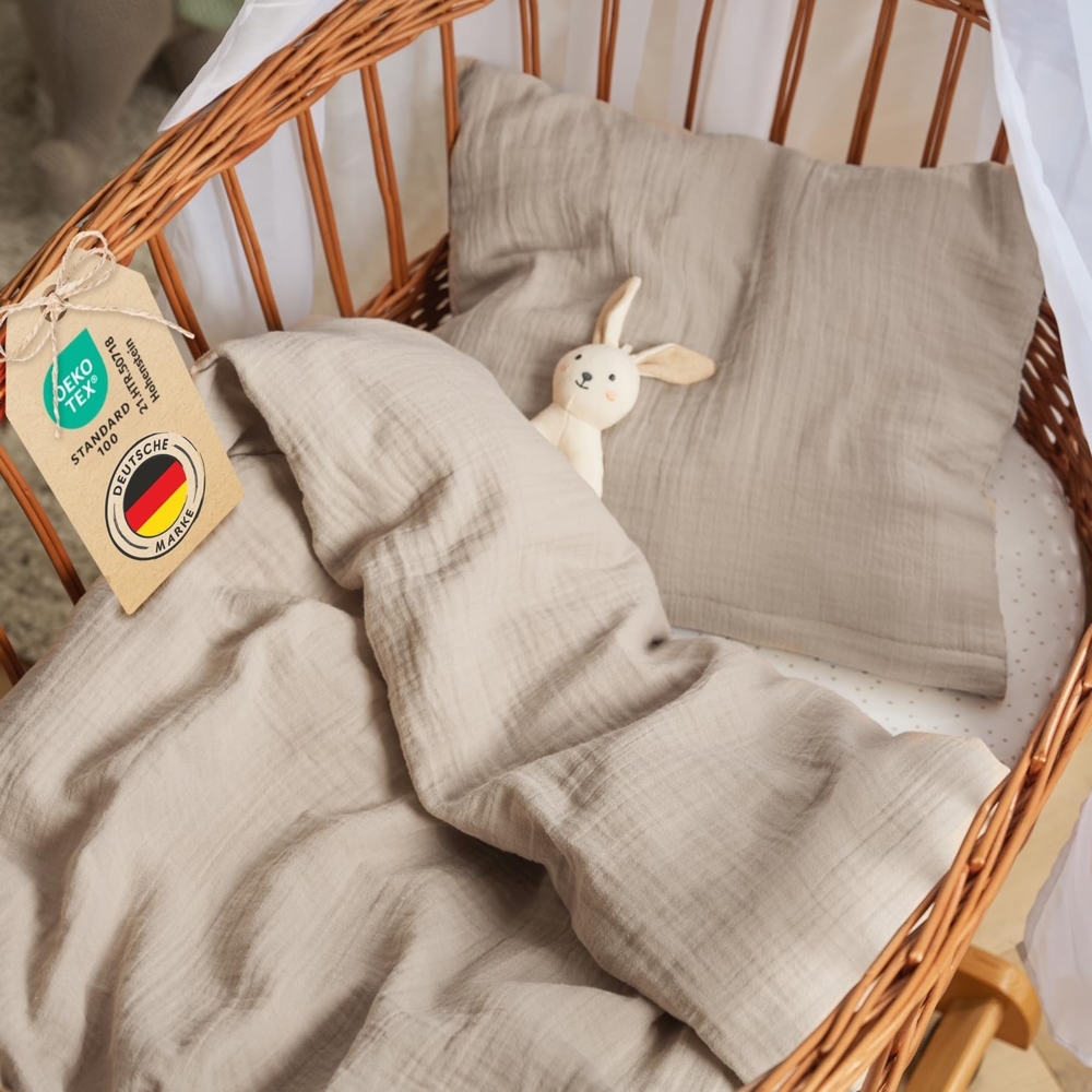 Laleni Baby Bettwäsche 80x80 cm aus Baumwolle - Musselin Bettwäsche Baby 80x80 + Musselin Kissenbezug 35x40 cm - Oeko-TEX zertifizierte Bettwäsche Sommer - Kinderwagen Bettwäsche Taupe 80x80 Bild 1