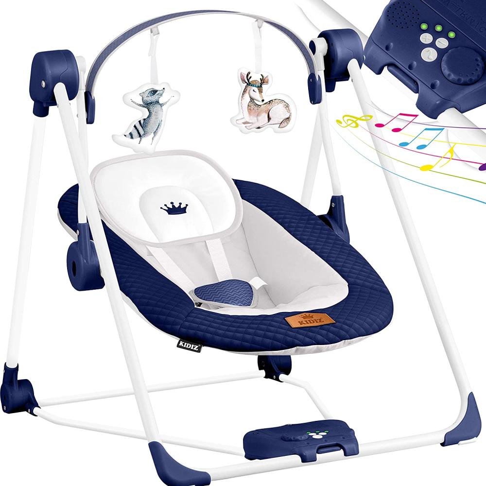 KIDIZ® Babywippe Babyschaukel mit 5 Geschwindigkeitseinstellungen zusammenklappbarer Baby Wippe Schaukel Babyhochstuhl mit Spielbogen Spielzeugen 5 beruhigende Naturgeräusche neugeborene Navyblau Bild 1