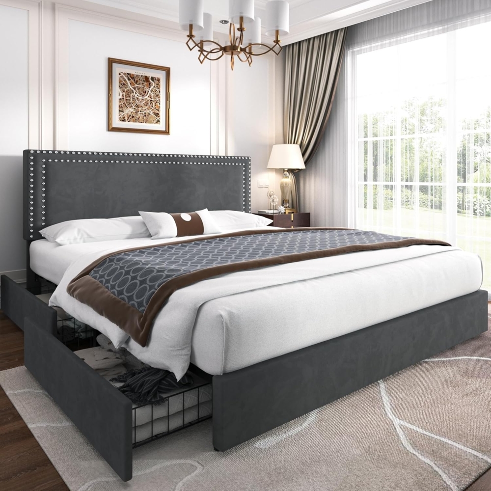VECELO Polsterbett 140x200 cm Doppelbett mit 4 Schubladen und Höhenverstellbarem Kopfteil, Bettrahmen mit Lattenrost, Gepolstertes Bettgestell, Kein Boxspring erforderlich, Samt, Ohne Matratze, Grau Bild 1