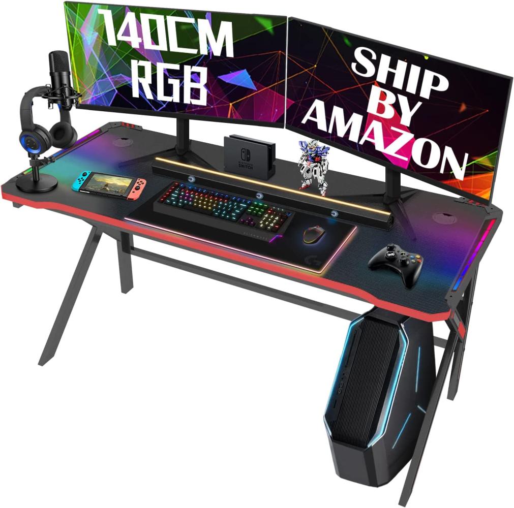 Gaming Tisch, Arespark 140 cm Gaming Schreibtisch mit Leistungsstarkes Kabelmanagement, Stabil Metall-K Beine, Kohlefaser-Tischplatten Ergonomic PC Tisch Bild 1