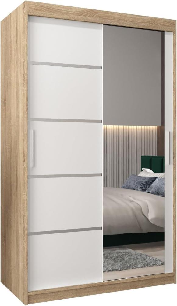 KRYSPOL Schwebetürenschrank Verona 2-120 cm mit Spiegel Kleiderschrank mit Kleiderstange und Einlegeboden Schlafzimmer-Wohnzimmerschrank Schiebetüren Modern Design (Sonoma + Weiß) Bild 1