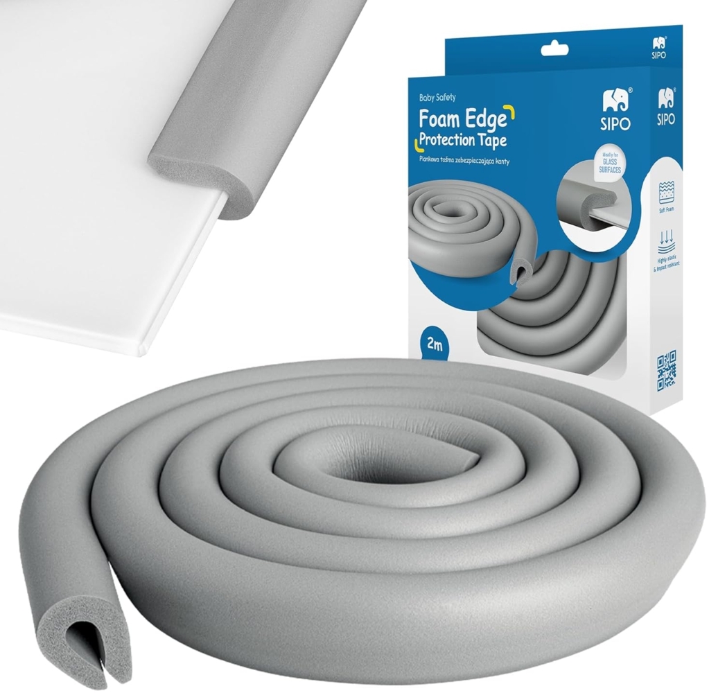 SIPO Schaumstoff-Kantenschutzband – 2 m Rolle für Glasmöbel, selbstklebend – Weicher Stoßschutz für Glasplatten, Regale und Schrankkanten Bild 1