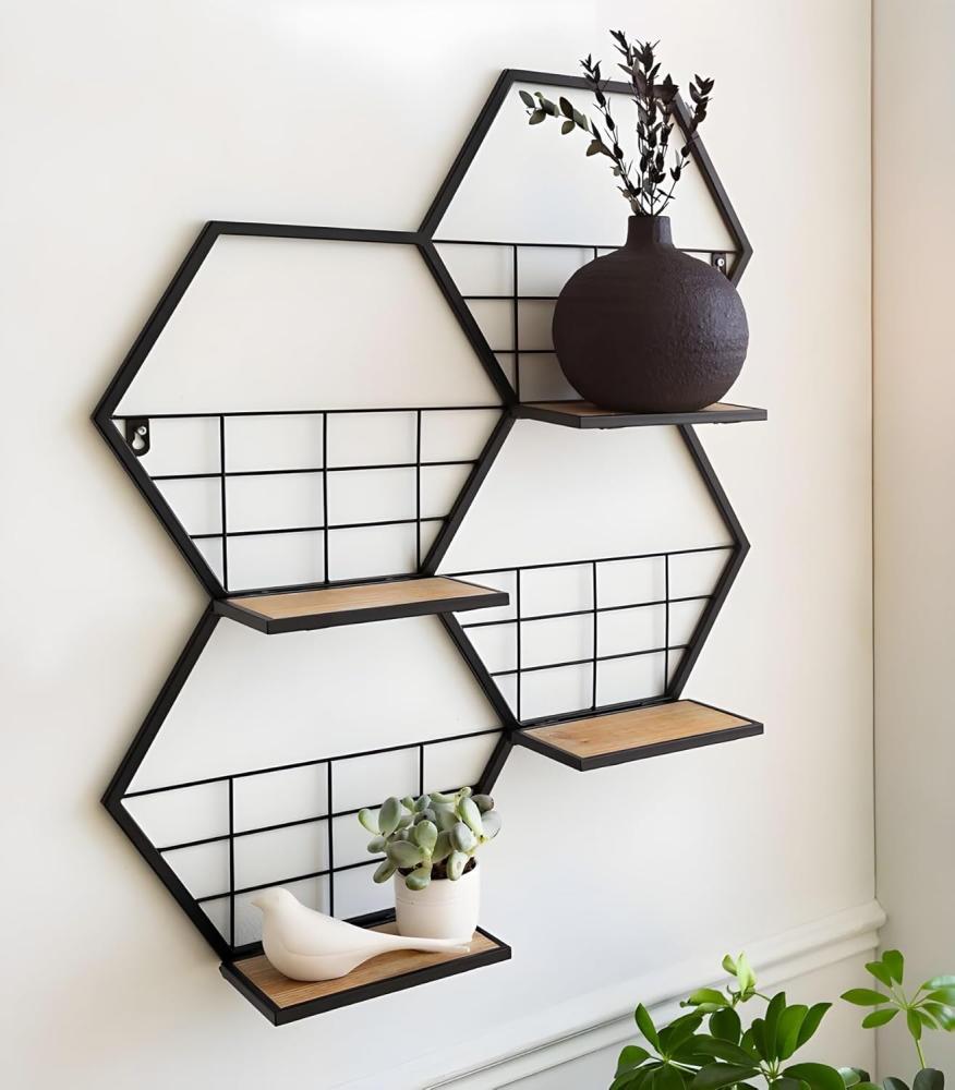 Wandregal "Hexagon" aus Metall, schwarz, 4 klappbare Böden aus MDF, Wanddeko, Wandschmuck Bild 1