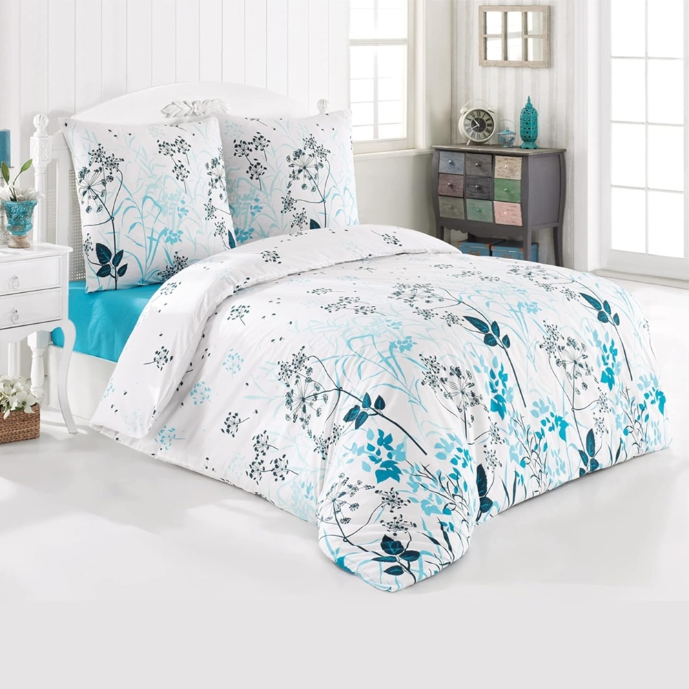 Buymax Bettwäsche Blue Garden, Renforce: 100% Baumwolle, 2 teilig, Bettwäsche-Set in 155x220 cm, mit Reißverschluss, Blumen, Weiß, Blau Bild 1