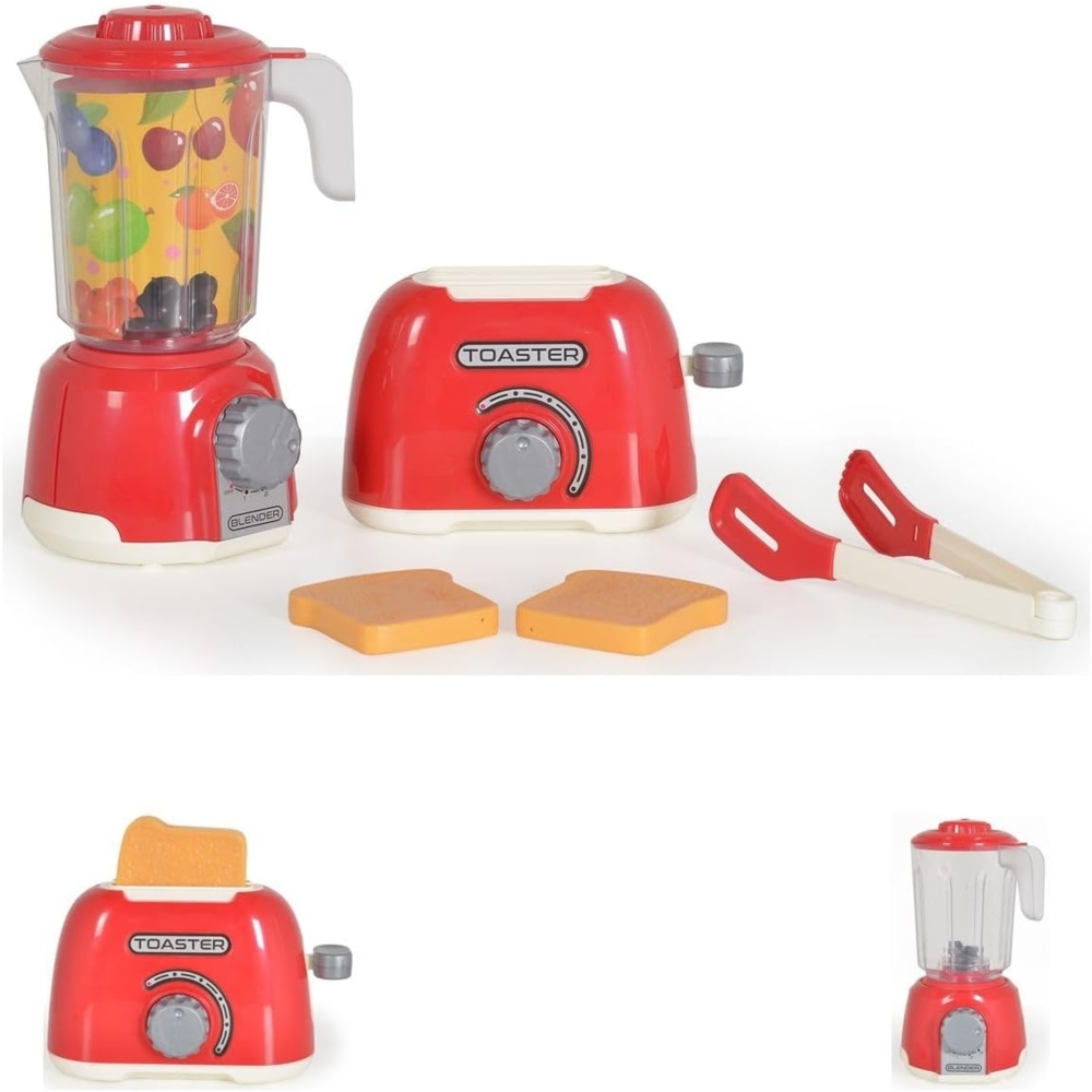 Moni Spielzeug Frühstücksset Toaster, Entsafter, zwei Toastscheiben, eine Zange rot Bild 1