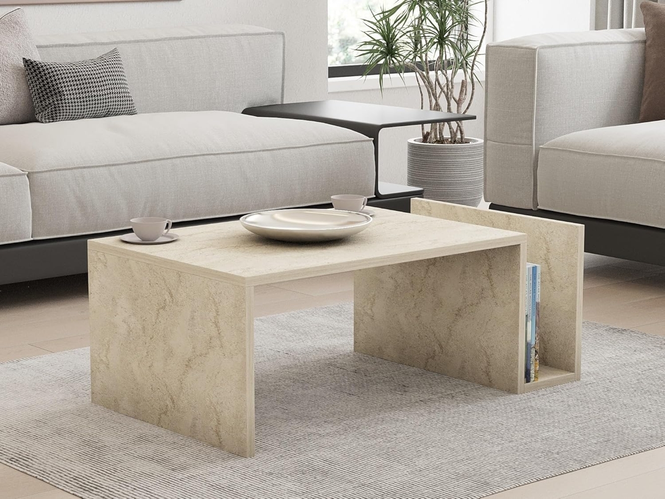 Hanah Home Elegant Coffee Table, Travertine Color, 86.8 x 32.4 x 50 cm | 100% Melamine Coated Particle Board, 18 mm Thick | Wall-Mountable, Stylish Marble Design Bild 1