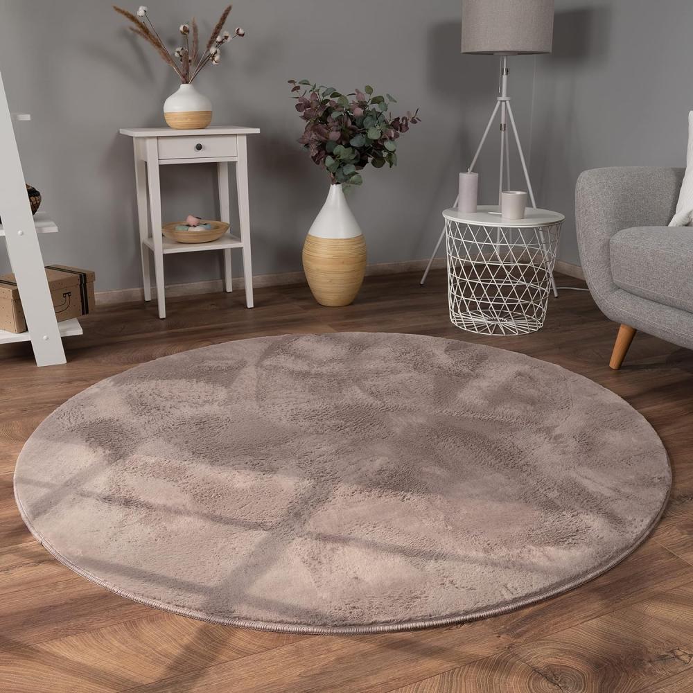 Paco Home Hochflor Teppich Wohnzimmer Flauschig Fellteppich Kunstfell Plüsch Shaggy Weich Fellimitat, Grösse:Ø 100 cm Rund, Farbe:Taupe Bild 1