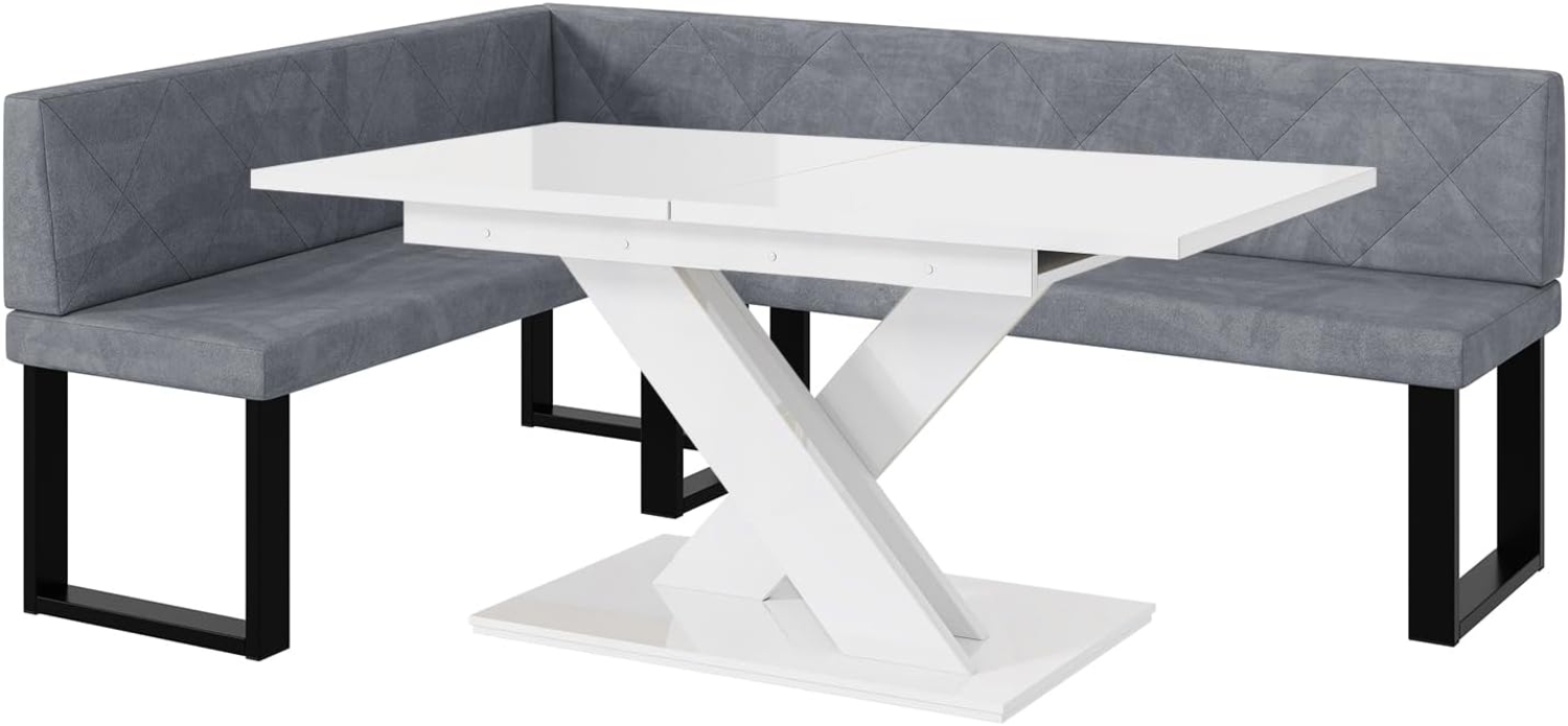 MEBLINI Eckbank für Esszimmer mit ausziehbarem Tisch - Küchenbank - Essecke - Sitzecke Küche - ERIC - U-Beine 142x196x87cm Links - Grau Samt/B Weiß Hochgl. Bild 1