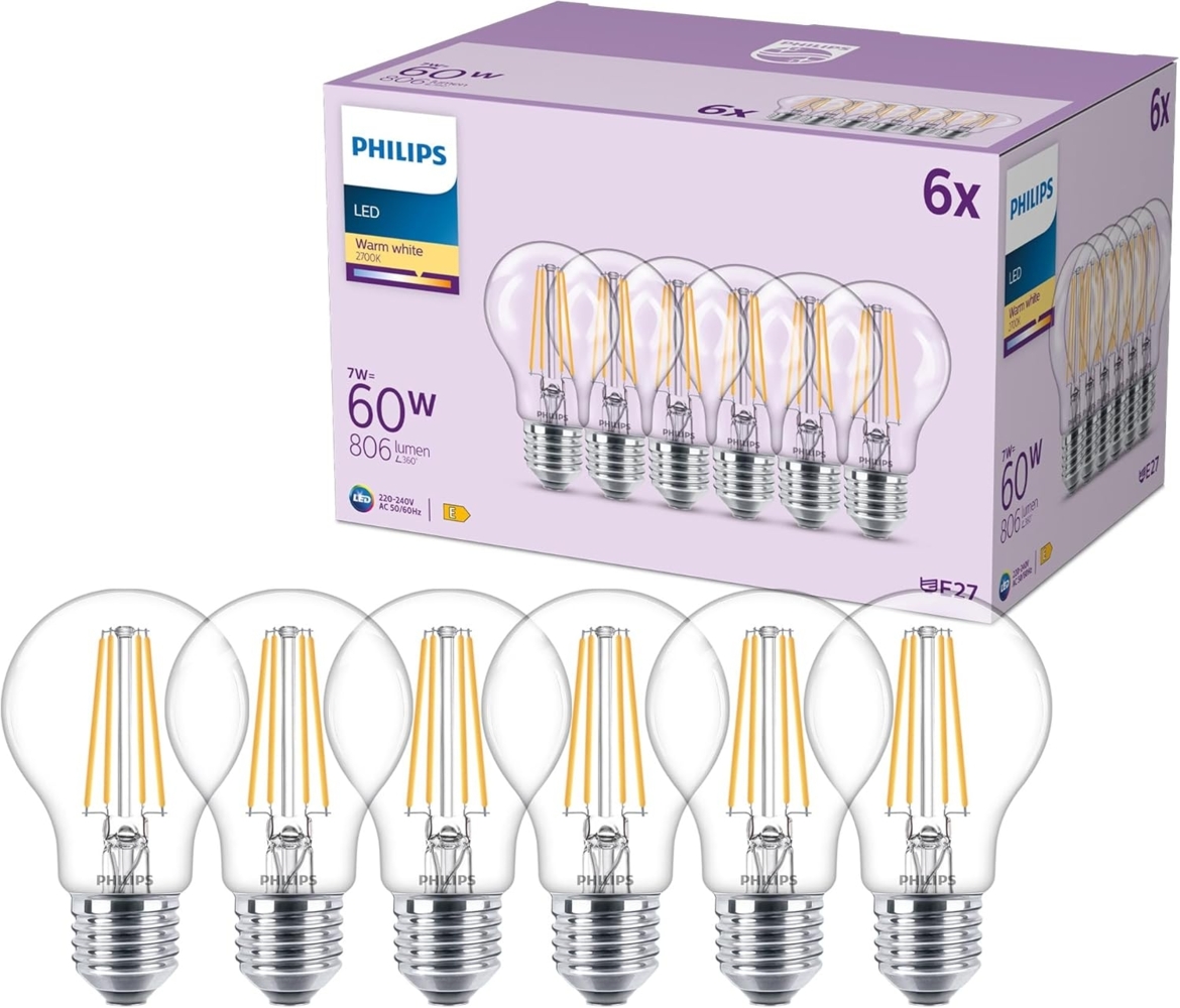 Philips classic A60 LED Lampe, 60 Watt, klar, E27 Sockel, 2700 K warmweißes Licht, 6er Pack Bild 1