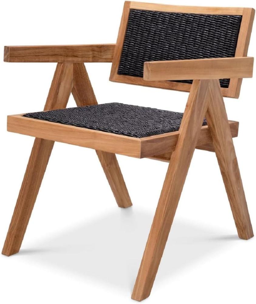 Casa Padrino Luxus Teakholz Esszimmer Stuhl mit Armlehnen Naturfarben / Schwarz 56 x 65,5 x H. 78 cm - Garten Stuhl - Terrassen Stuhl - Garten Möbel - Esszimmer Möbel - Luxus Teakholz Möbel Bild 1