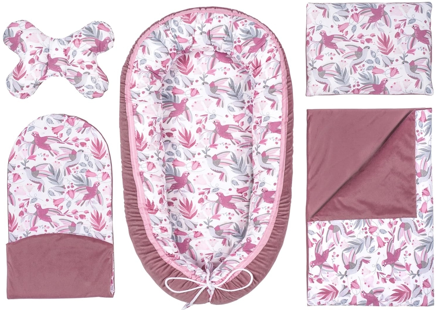 PEPI - 5 teilig Babynestchen Set - Babynest 95x50 - Babydecke - Matratze - Kopfkissen - Kissen - 100% Baumwolle uns Samt - Baby Erstausstattung Neugeborene - (Velvet, Hummingbird old rosa) Bild 1