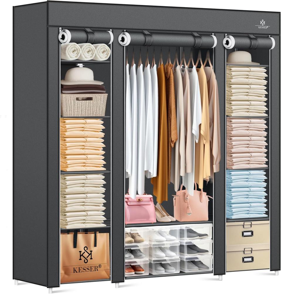 KESSER® Kleiderschrank Stoffschrank Stabil mit Kleiderstange & Ablagen, Inkl. 5x Kleiderbügel, Stoff Faltschrank für Schlafzimmer, Ankleidezimmer Garderobe mit Kleiderständer 150x45x175cm Anthrazit Bild 1