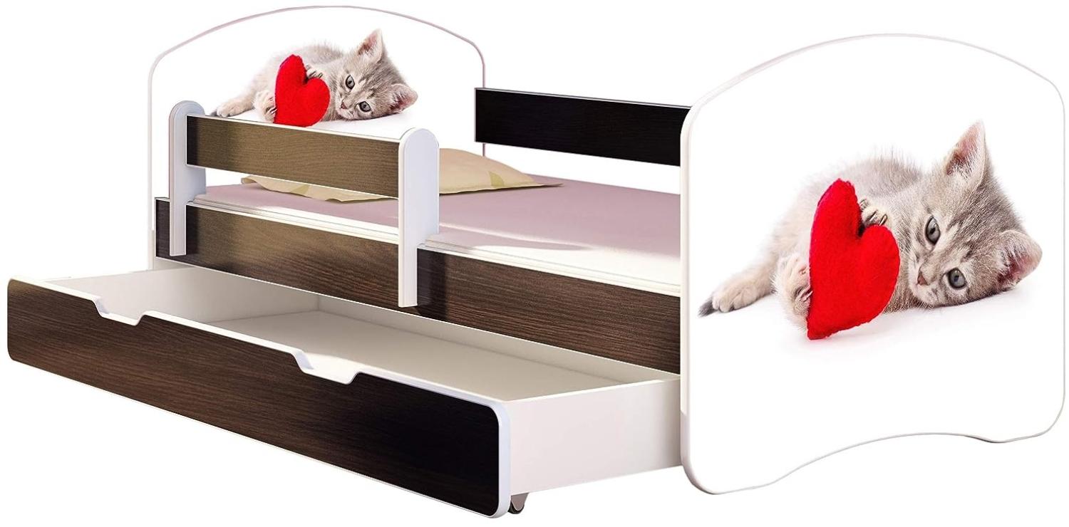 ACMA Kinderbett Jugendbett mit Einer Schublade und Matratze Wenge mit Rausfallschutz Lattenrost II 140x70 160x80 180x80 (40 Katze mit Herz, 140x70 + Bettkasten) Bild 1