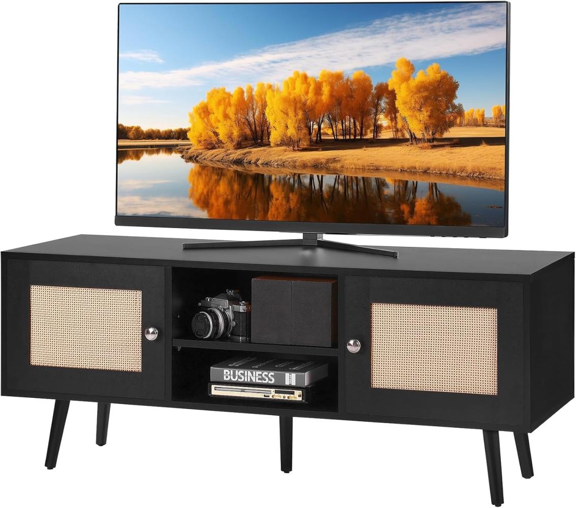 VEVOR Rattan-TV-Ständer, Fernsehschrank Boho-TV-Schrank für 140 cm Fernseher, Retro-TV-Ständer, Rattan-TV-Konsole mit verstellbaren Regalen & 2 Türen, für Wohnzimmer, Medienraum, Schwarz Bild 1