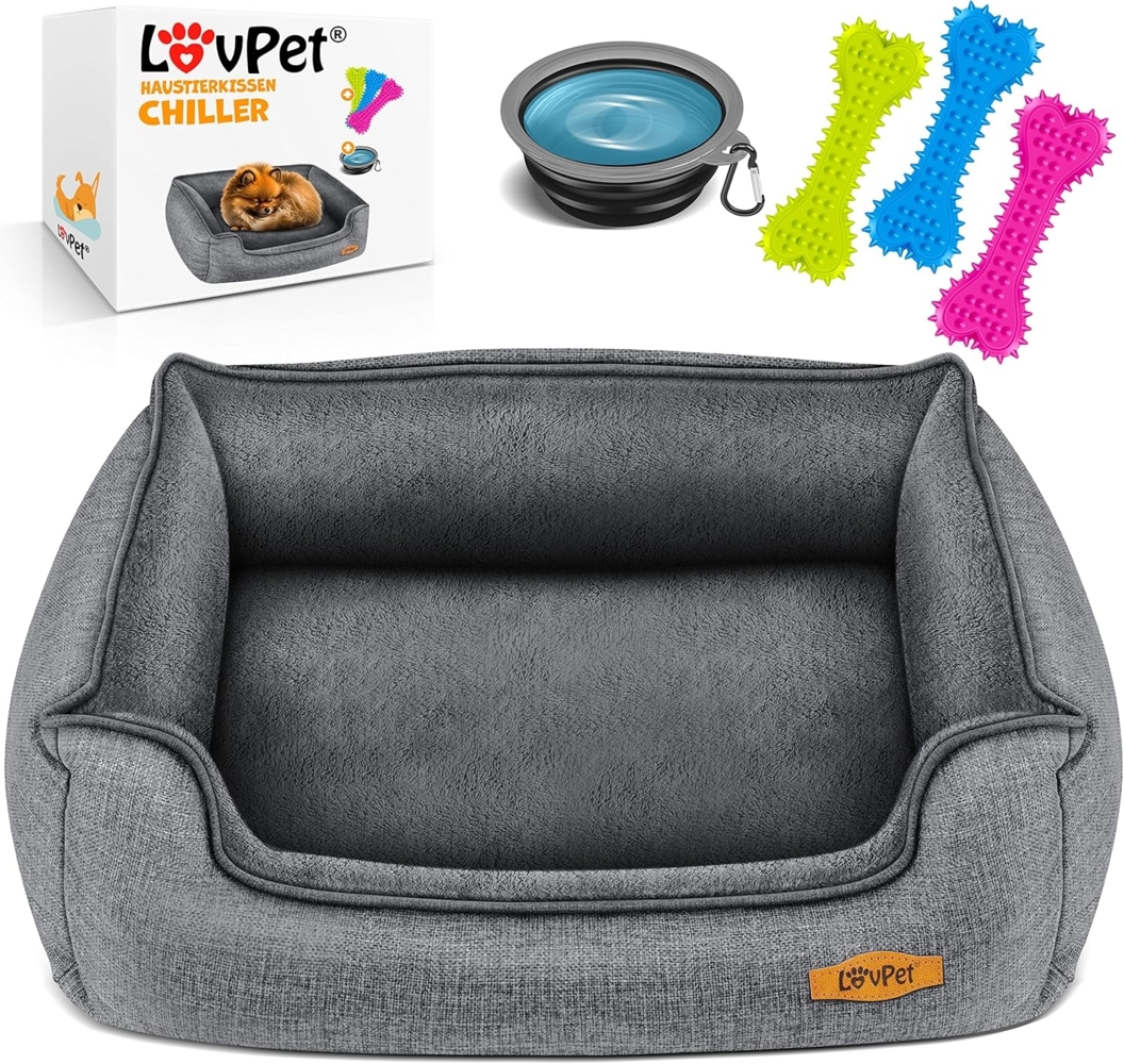LovPet® Hundebett Hundekissen Hundekorb Chiller, Inkl. Napf + 3X Kauknochen, Hundesofa Kissen für Kleine, Mittelgroße & Große Hunde, Bezug abnehmbar und waschbar Grau, XL (110 x 75 x 27 cm) Bild 1