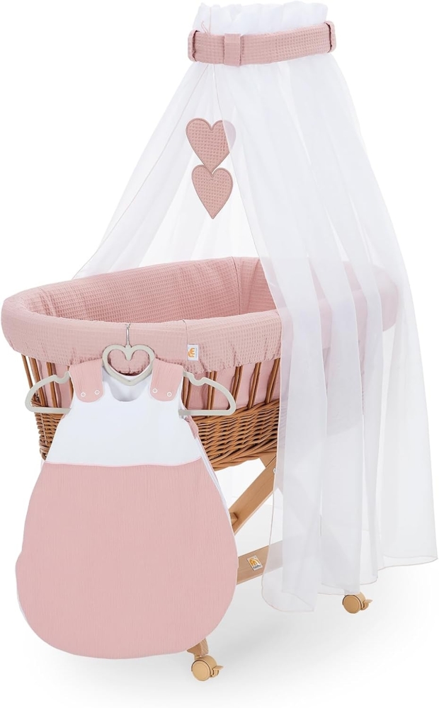 FabiMax Stubenwagen Natur, 2 in 1 Musselin / Waffelpiqué Komplettset Rosa mit Schlafsack Bild 1