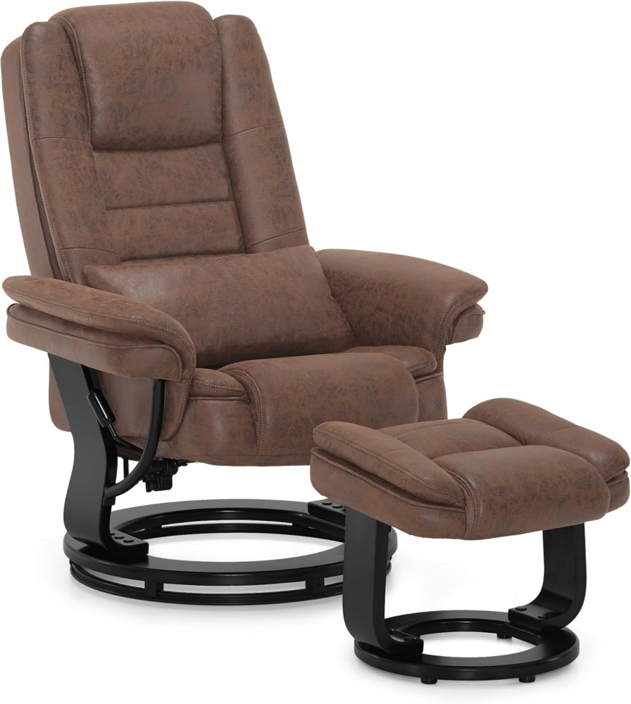 M MCombo Relaxsessel mit Liegefunktion, Lesesessel, 360° Drehbarer Fernsehsessel, mit Hocker, mit Kissen & Seitentasche, 9099 (Braun-Mikrofaser) Bild 1
