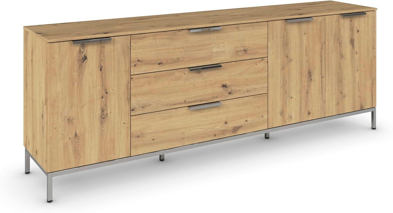 Rauch Möbel Flipp, Sideboard, TV-Schrank, Kommode mit Stauraum, mit Metallkufe chrom, Eiche Artisan, 3-türig, 3 Schubkästen, Griffe chrom, 199x72x42cm Bild 1