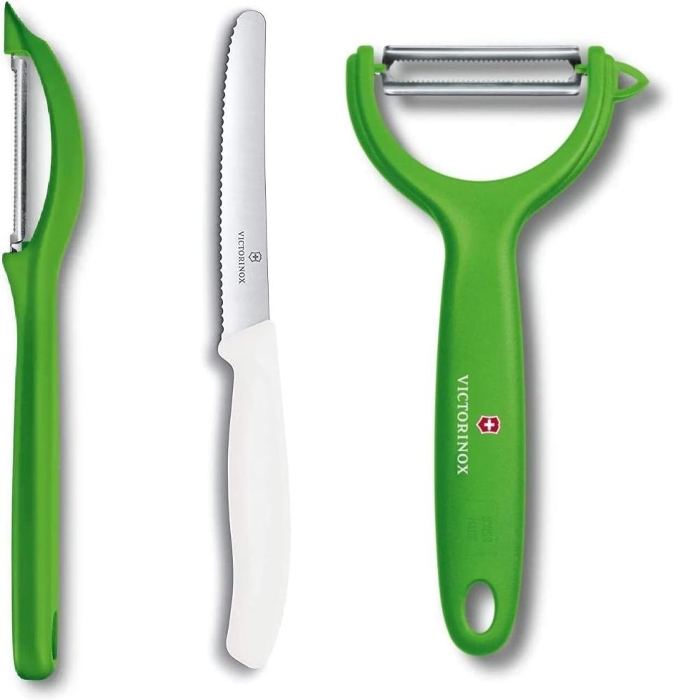 Victorinox 3-TLG. Universalschäler Set für Obst Gemüse, Extra scharf, Zackenschliff, Zweischneidig, Ergonomischer Griff (Grün / Weiß) Bild 1