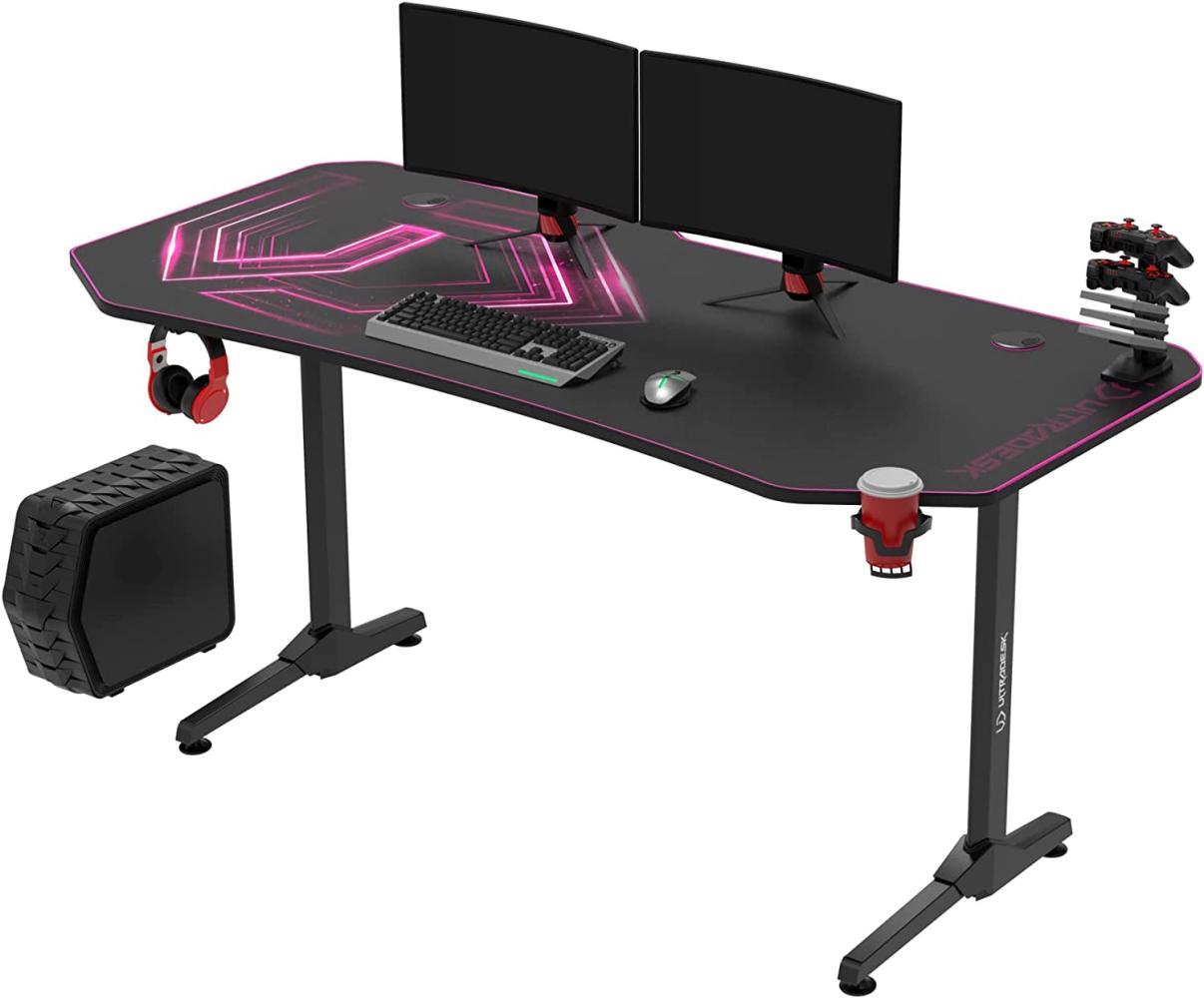 ULTRADESK Frag XXL | Ergonomischer Gaming-Schreibtisch mit großer Arbeitsfläche & XXL-Pad, 2 Kabeldurchlässe | Gut für Home Office, Fach für Steckdosenleisten | Stahlgestell, Pinkes Pad, 160x75 cm Bild 1