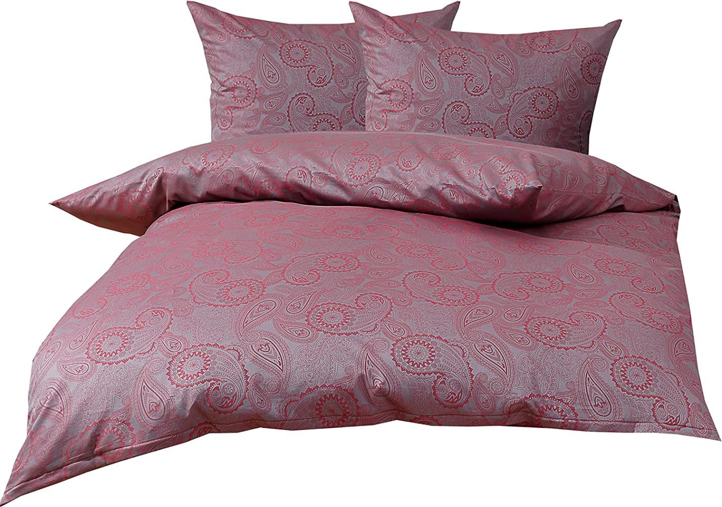 Bettwaesche-mit-Stil Mako-Satin Damast Paisley Bettwäsche "Davos" rot - grau Garnitur 200x200 + 2x 80x80 Bild 1