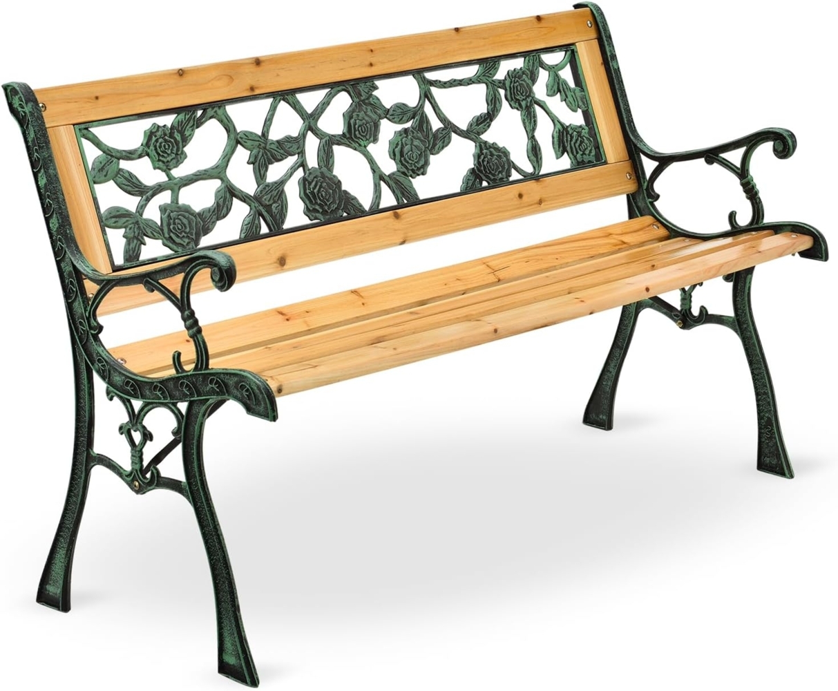 Juskys Gartenbank Venezia – 2-Sitzer Holzbank mit Armlehnen & Rückenlehne – wetterfeste Sitzbank 122x54x73 cm - Seitenelemente aus Gusseisen Bild 1