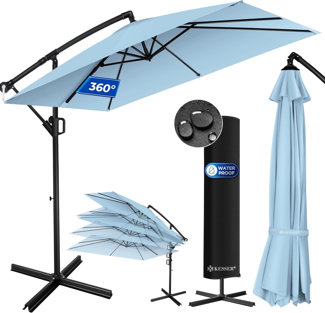 KESSER® Ampelschirm Holly Sonnenschirm Rechteckig ohne LED Solar inkl. Abdeckung + Windsicherung mit Kurbel | Kurbel-Schirm mit Ständer UV-Schutz Aluminium Wasserabweisend Ø350cm Gartenschirm Hellblau Bild 1