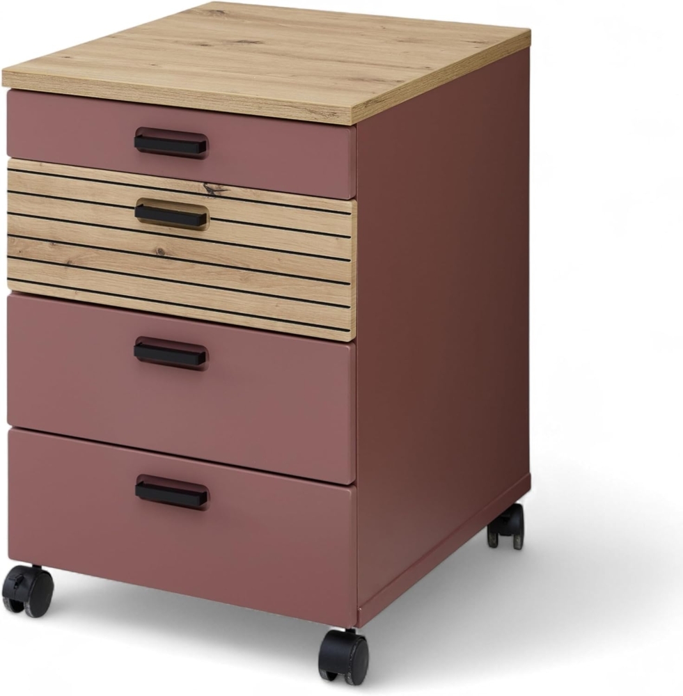 Stella Trading Glenn Rollcontainer Schreibtisch in Rusty Red, Artisan Eiche Optik - Mobiler Büroschrank mit Schubladen - 45 x 66 x 55 cm (B/H/T) Bild 1