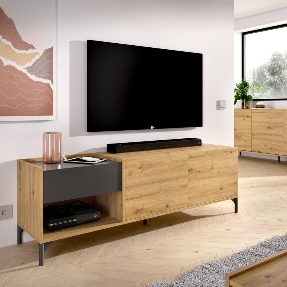 Dmora - TV-Ständer Cengalo, niedriges Sideboard für Wohnzimmer, Sideboard für Wohnzimmer für Fernseher, 164 x 39 x 49 cm, Eiche Nodes und Anthrazit Bild 1