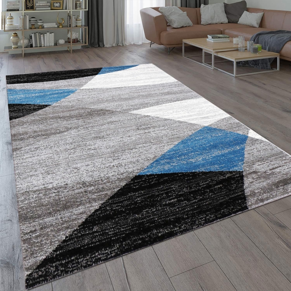 VIMODA Teppich Geometrisches Muster Meliert in Blau Grau Weiß Schwarz Kurzflor Wohnzimmer, Maße:80x250 cm Bild 1