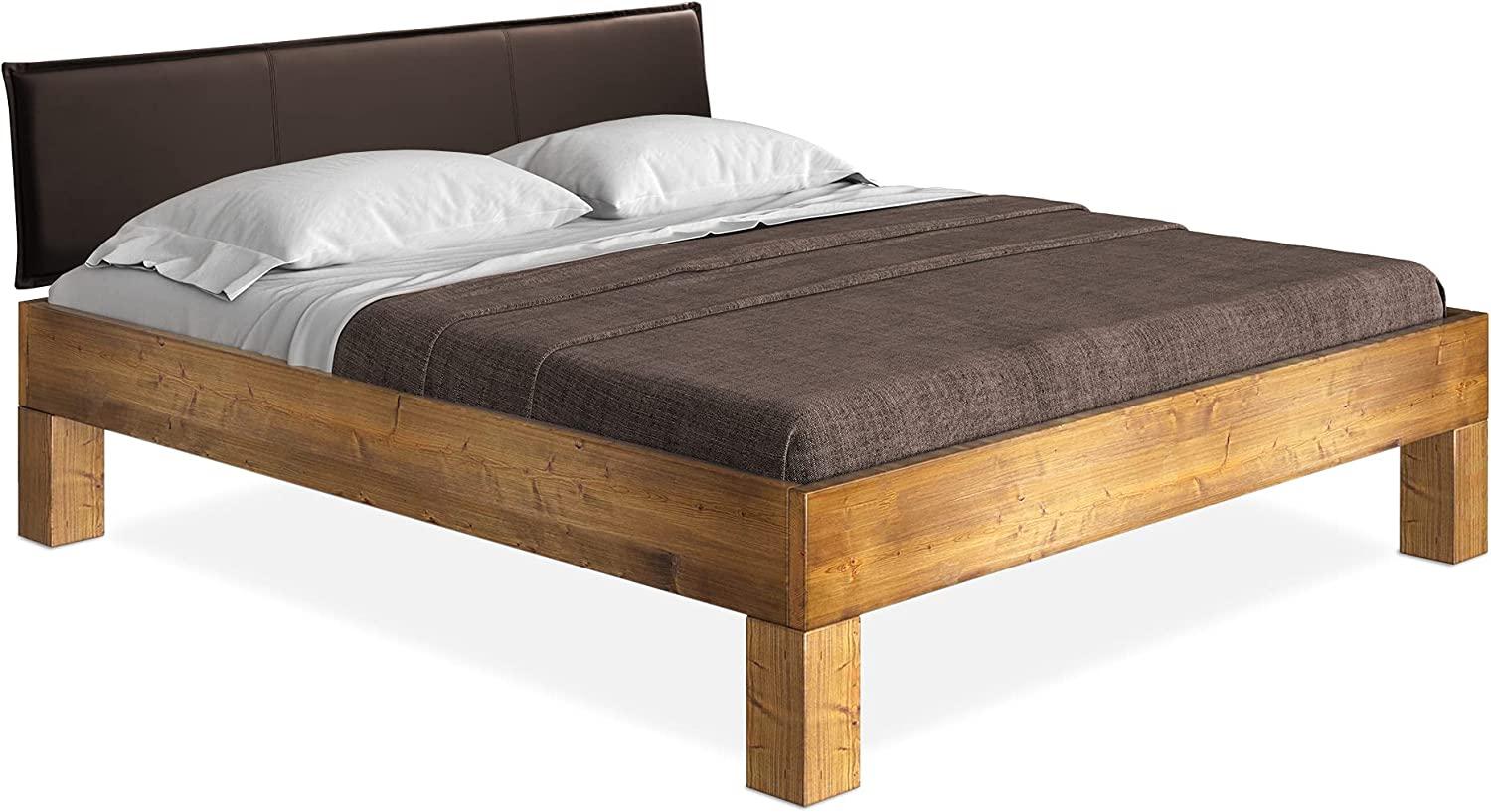 Möbel-Eins CURBY 4-Fuß-Bett mit Polster-Kopfteil, Material Massivholz, rustikale Altholzoptik, Fichte vintage 90 x 220 cm Standardhöhe Kunstleder Braun ohne Steppung Bild 1