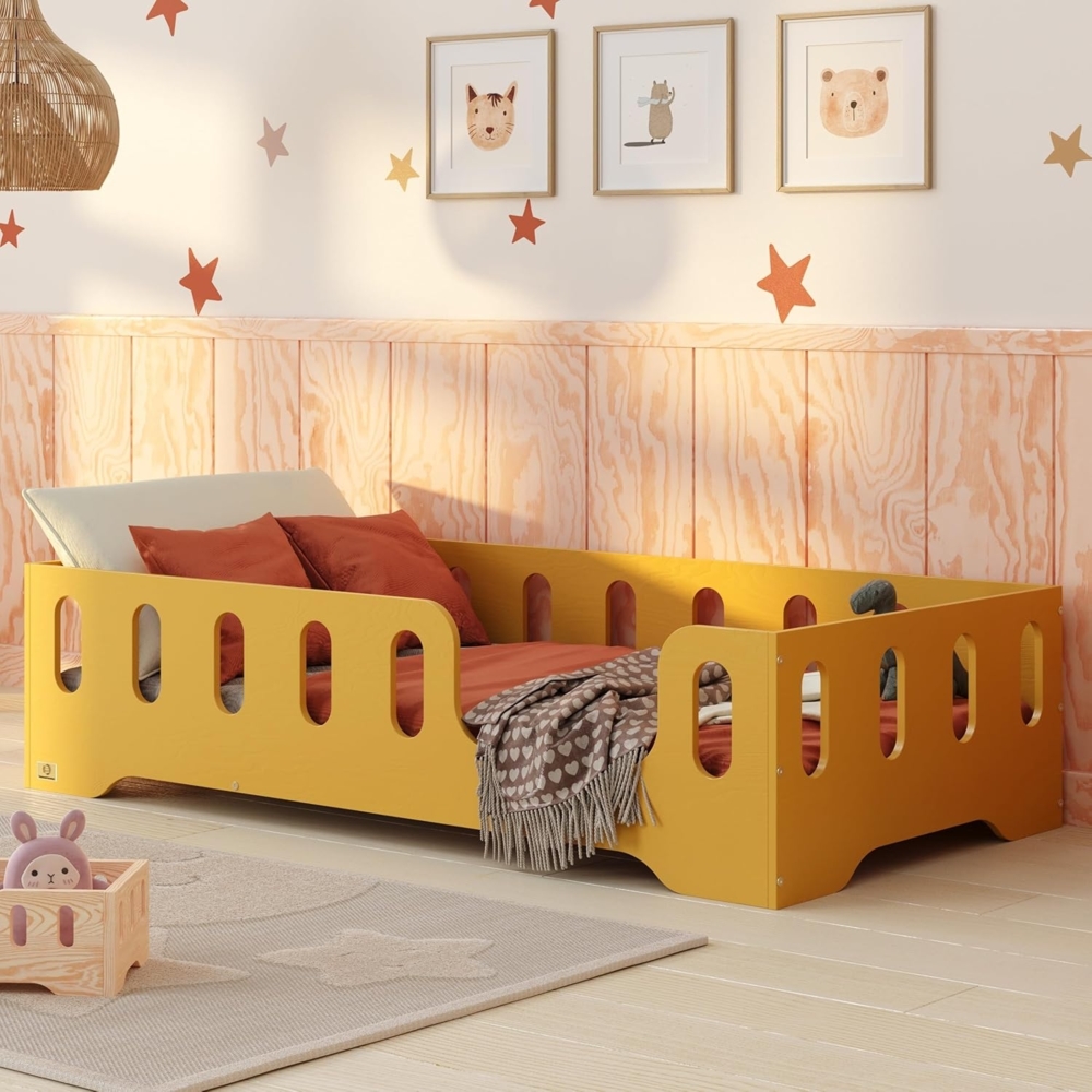 smartwood Kinderbett Bodenbett 140x190 mit Rausfallschutz & Lattenrost - Senfgelb - Kinder Montessori Bett TILA 2P mit glatten Kanten - Betten für schnelle Montage - Bis 300 kg belastbar Bild 1