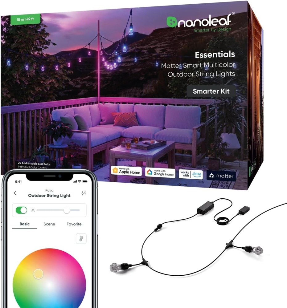 Nanoleaf Smart LED Lichterkette Außen 15m Starter Kit - 20 dimmbare RGBICW Gem Glühbirnen, IP65 wasserdicht, WLAN Kontrolle mit App und Stimme (Matter Alexa Siri Apple Google Home) Balkon Garten Party Bild 1