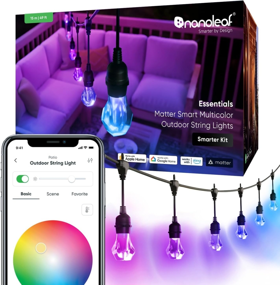 Nanoleaf Smart LED Lichterkette Außen 15m Starter Kit - 20 dimmbare RGBICW Gem Glühbirnen, IP65 wasserdicht, WLAN Kontrolle mit App und Stimme (Matter Alexa Siri Apple Google Home) Balkon Garten Party Bild 1