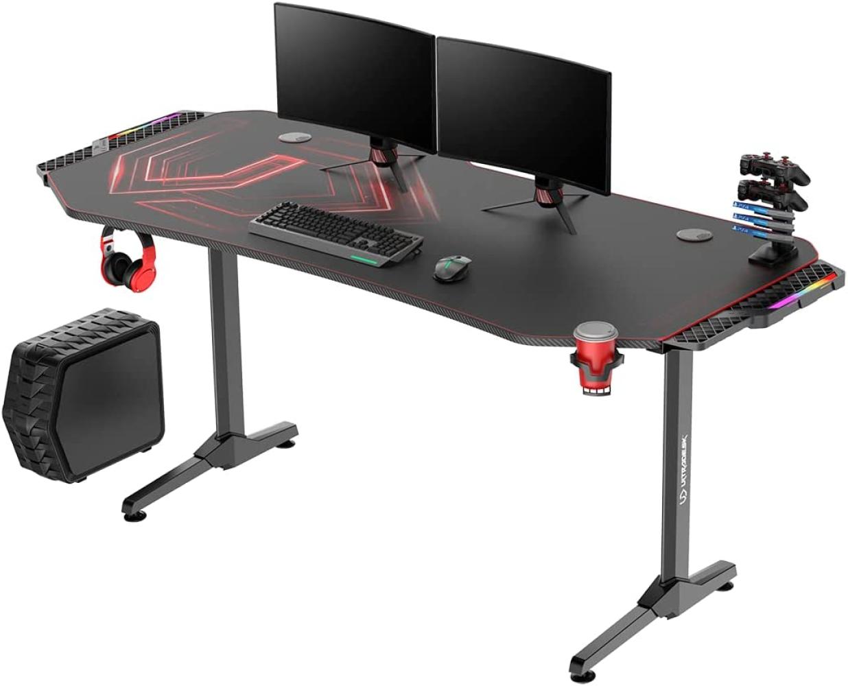 ULTRADESK Frag XXL RGB LED | Gaming-Schreibtisch mit großer Arbeitsfläche & XXL-Pad, 2 Kabeldurchlässe | Gut für Home Office, Fach für Steckdosenleisten | Stahlgestell, Rotes Pad, 160x75 cm Bild 1