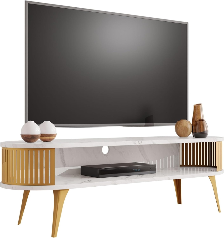 TV-Lowboard Rajkon Oval Gold (Farbe: Gold / Bianco Marmor) Bild 1