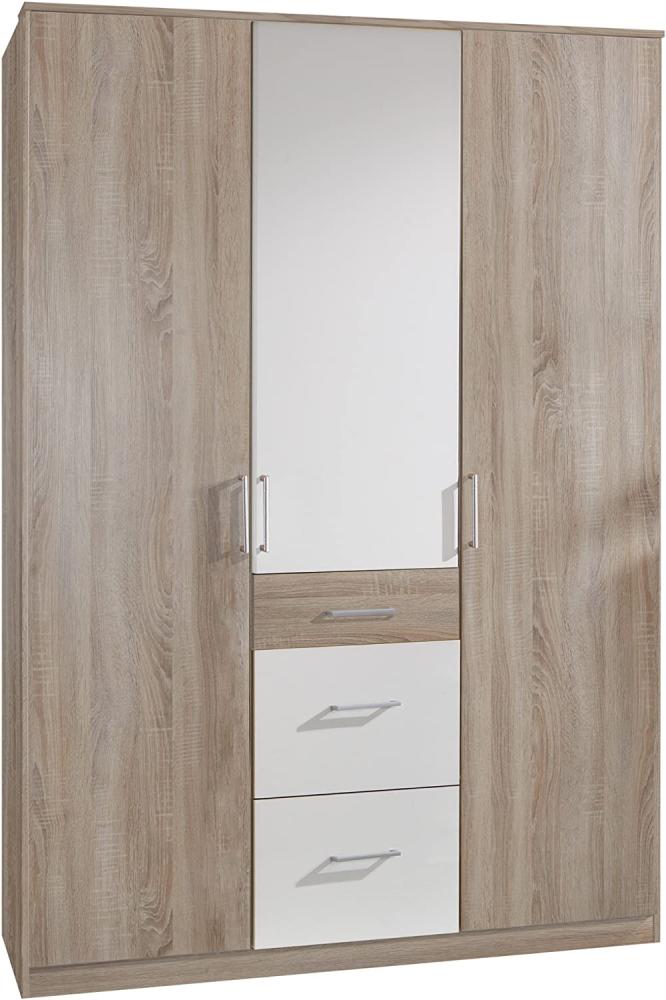 Wimex Kleiderschrank/ Drehtürenschrank Click, 3 Türen, 2 große, 1 kleine Schubladen, (B/H/T) 135 x 199 x 58 cm, Eiche Sägerau/ Absetzung Weiß Bild 1