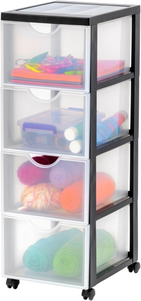 Iris Ohyama Kunststoff-Schubladenbox mit Rollen, 4 tiefen Schubladen, Schwarz, Griffe zum Ziehen, Für Schlafzimmer, Bad, Schule & Büro, BPA-frei, Schubladenschrank, Rollcontainer, A4 Drawer, DDDC-304 Bild 1
