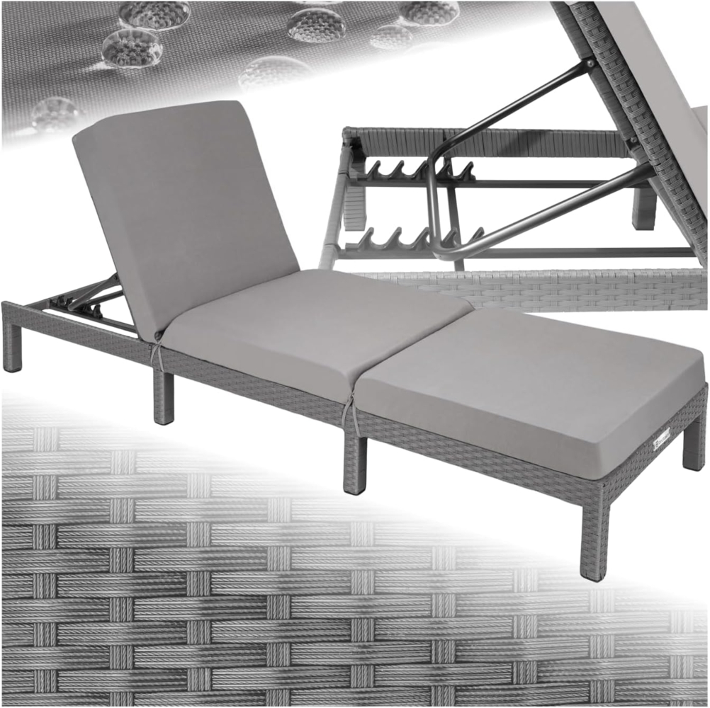 tectake® Polyrattan Sonnenliege mit 6-Fach höhenverstellbarer Rückenlehne, Outdoor Daybed mit bequemer Polsterauflage, Gartenliege Rattan für drinnen und draußen, pflegeleicht und stabil - grau Bild 1