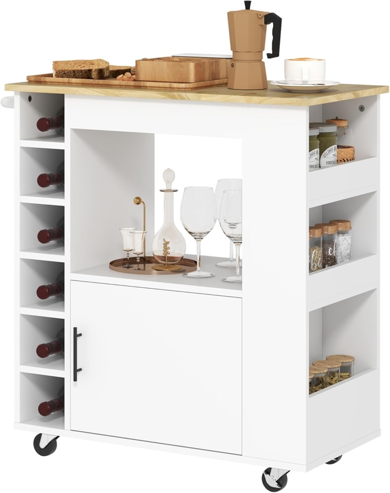 HOMCOM Küchenwagen Küchenwagen mit Schrank, Arbeitsplatte, Ablagen, Weinregalen, (Rollwagen mit Soft-Close-Scharnieren, 1 St, Kücheninsel), für Büro, 83x40x83cm, Eiche Bild 1